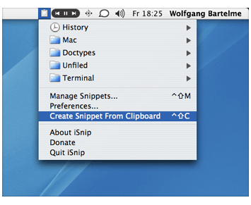 iSnip lives in the menu bar of Mac OS X.