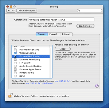 The sharing preferences provide the functionality to start the Apache server